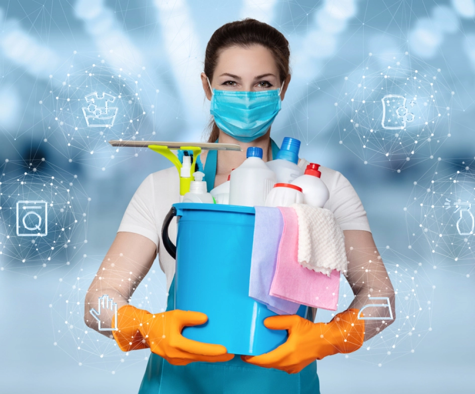 Professional cleaning service worker with cleaning supplies